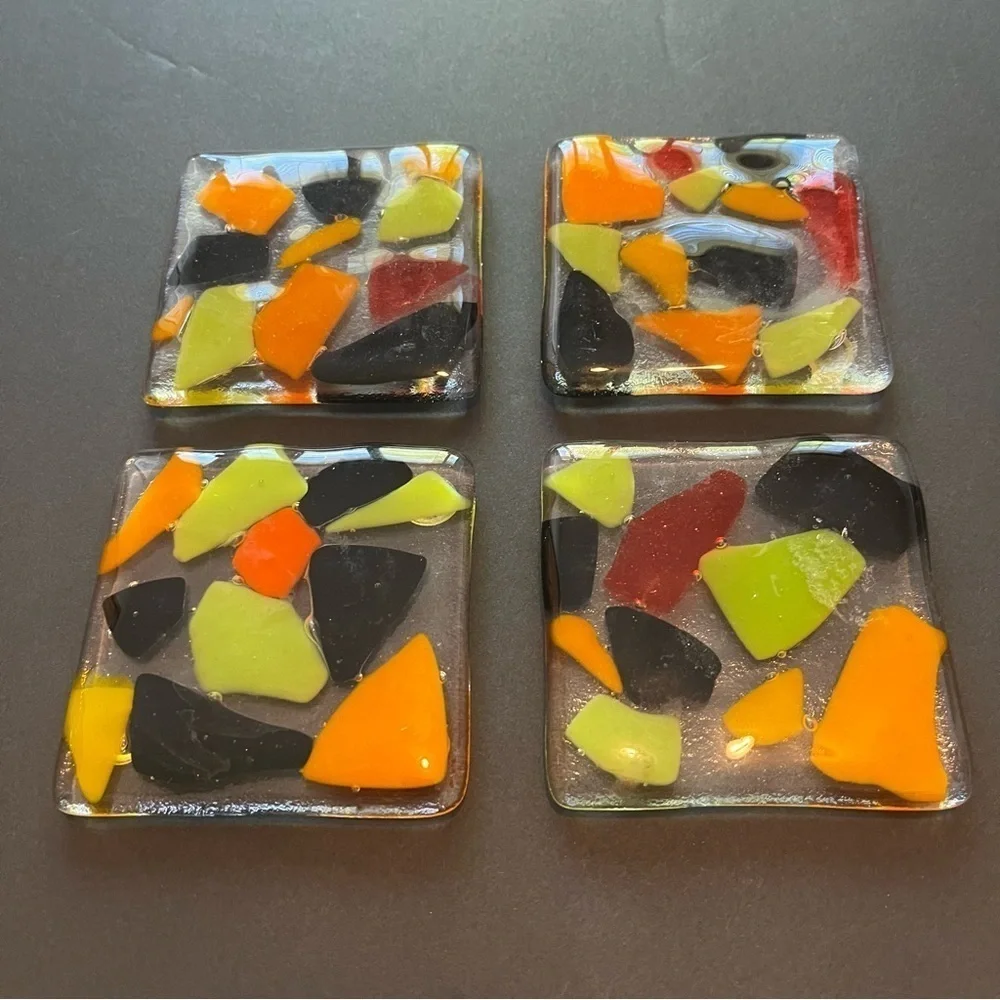 Fused Art Glass Coasters Barware Drink Abstract Geometric Black Orange MCM 4x